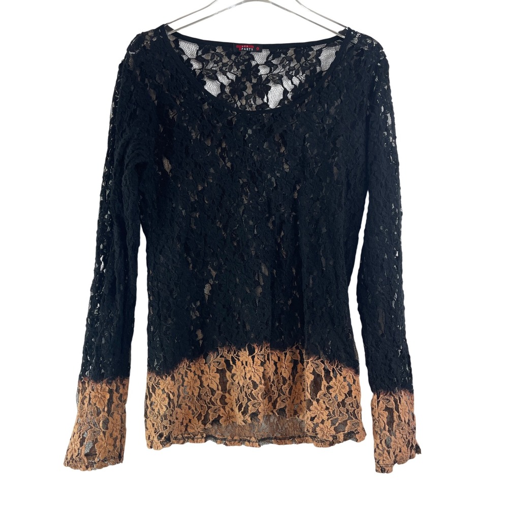 T-Party Womens Black‎ Tan Ombre Floral Lace Long Sleeve Top LC36196 Sheer Size L